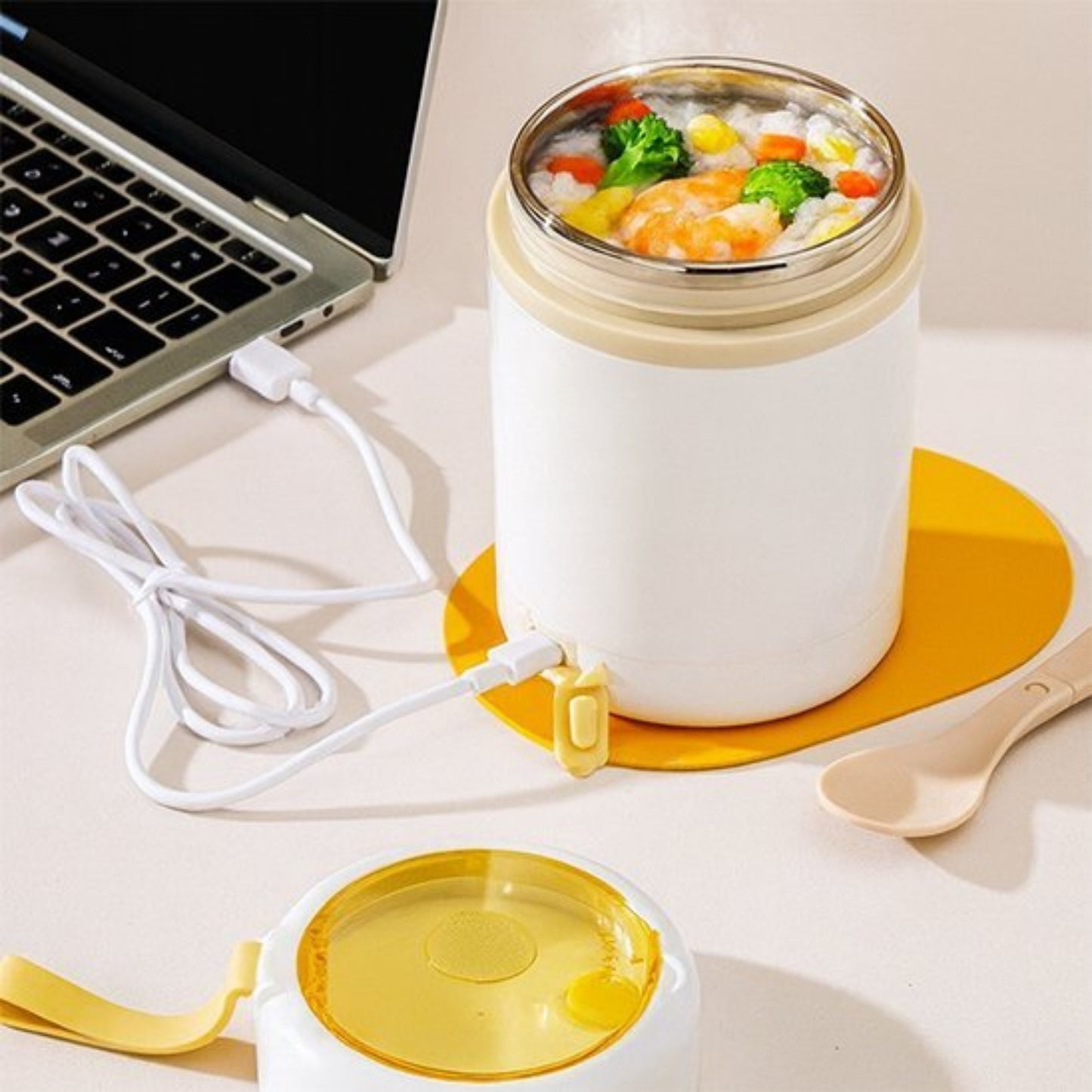 Lunch box chauffante usb blanche couvercle or | PratiChef 