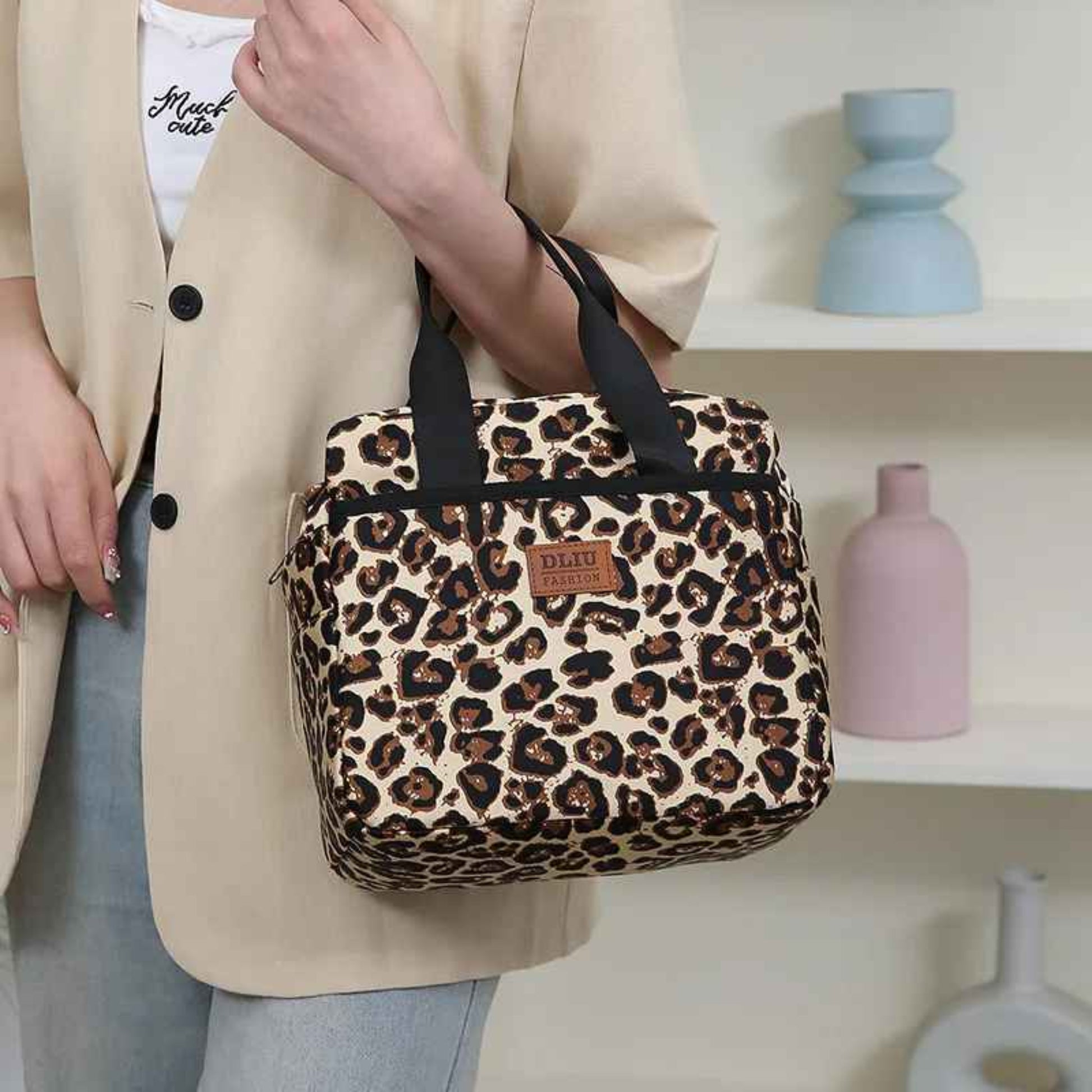Sac repas isotherme léopard marron double anse | anilux - Plan dinette